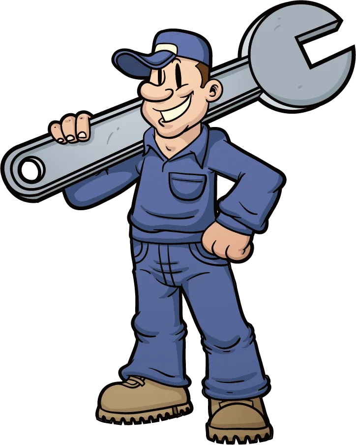 favpng_maintenance Cartoon of a smiling mechanic wearing a blue uniform, cap, and brown boots, standing with one hand on his hip and holding a large wrench over his shoulder.