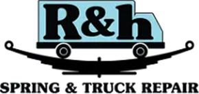 Logo for R&H Spring & Truck Repair, featuring R&H inside a blue truck shape on top of a black leaf spring, with the business name written below in black capital letters.