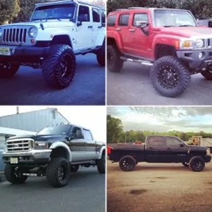 gallery-img-one Four lifted trucks and SUVs: a white Jeep, a red Hummer, a silver Ford pickup, and a black Chevrolet pickup, each parked in different outdoor locations.