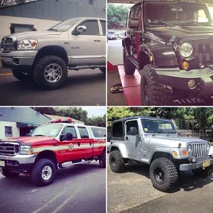 gallery-ing-three A collage of four images showing different off-road vehicles: a silver pickup truck, a black Jeep, a red emergency pickup truck, and a silver Jeep with a soft top, all with large tires.