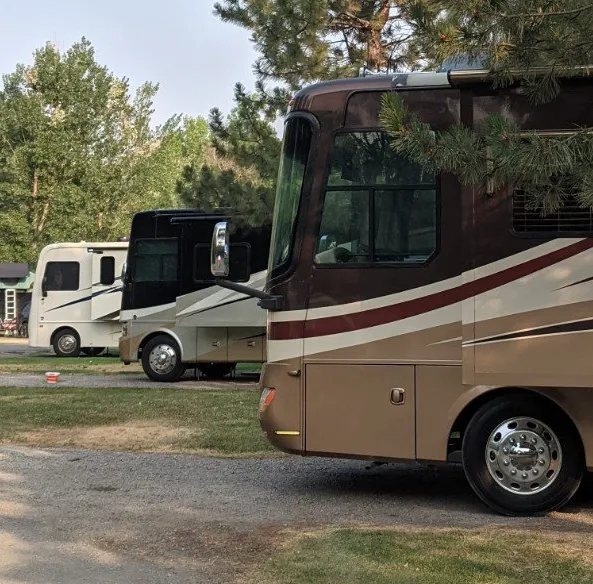 multiple-benefits Two large RVs are parked on grassy lots beneath trees at a campground, with one tan and brown RV in the foreground and a white RV in the background. The scene is calm and shaded.