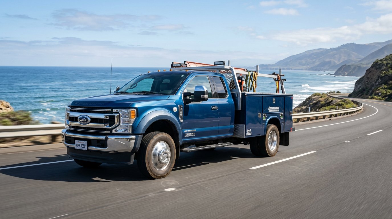 comprehensive-commercial-vehicle-repair-services-in-little-silver-nj-trucks-trailers-and-rvs-hero A pristine commercial work truck driving along a smooth coastal highway under bright midday sun