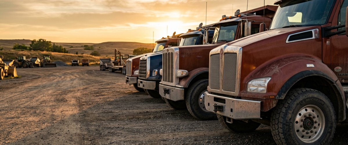dependable-diesel-truck-repair-serving-colts-neck-nj-drivers-who-can-t-afford-downtime-hero A fleet of heavy-duty diesel work trucks lined up in an open rural industrial lot at golden hour