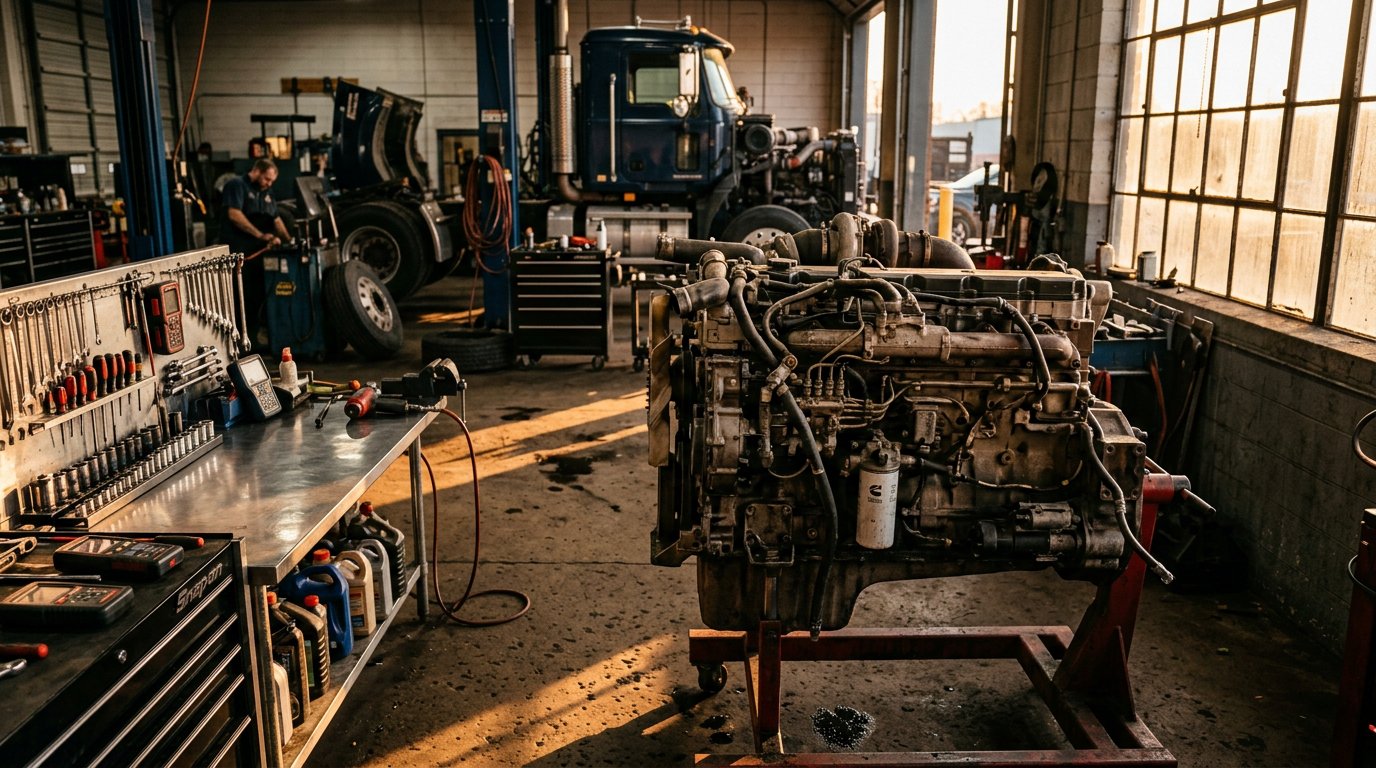 dependable-diesel-truck-repair-serving-sea-girt-nj-drivers-who-can-t-afford-downtime-hero A close-up, cinematic horizontal shot of a heavy-duty diesel truck repair shop workspace
