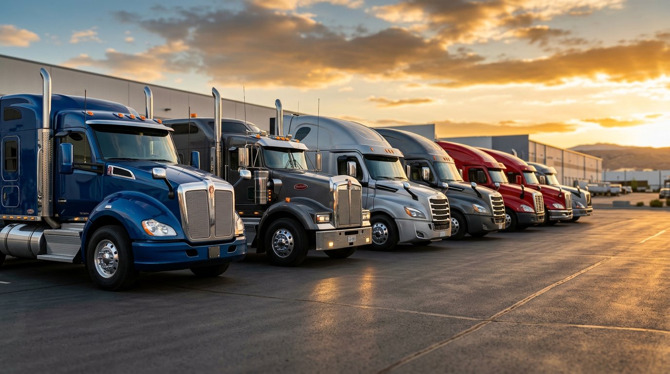 dependable-heavy-duty-truck-repair-nj-serving-interlaken-nj-drivers-who-can-t-afford-downtime-hero A polished, professional commercial fleet of heavy-duty trucks lined up in a clean