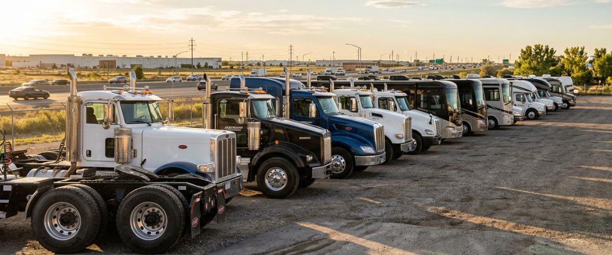 dependable-heavy-duty-truck-rv-repair-services-for-efficient-operations-in-brielle-nj-hero A professional fleet of heavy-duty work trucks and RVs lined up in an open industrial parking lot during golden hour