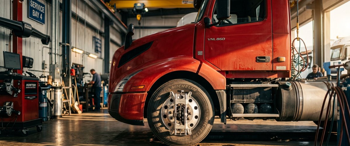 dependable-truck-alignment-services-serving-avon-by-the-sea-nj-drivers-who-can-t-afford-downtime-hero High-resolution image of a heavy-duty commercial truck in a professional repair shop bay