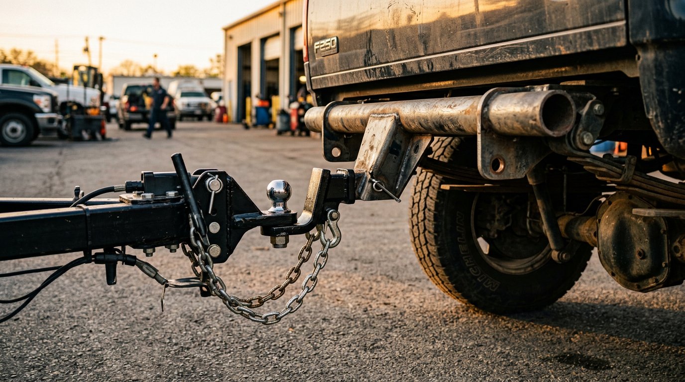 dependable-truck-alignment-services-serving-freehold-borough-nj-drivers-who-can-t-afford-downtime-hero A close-up, low-angle shot of a heavy-duty trailer hitch being connected to a truck in a auto shop parking lot