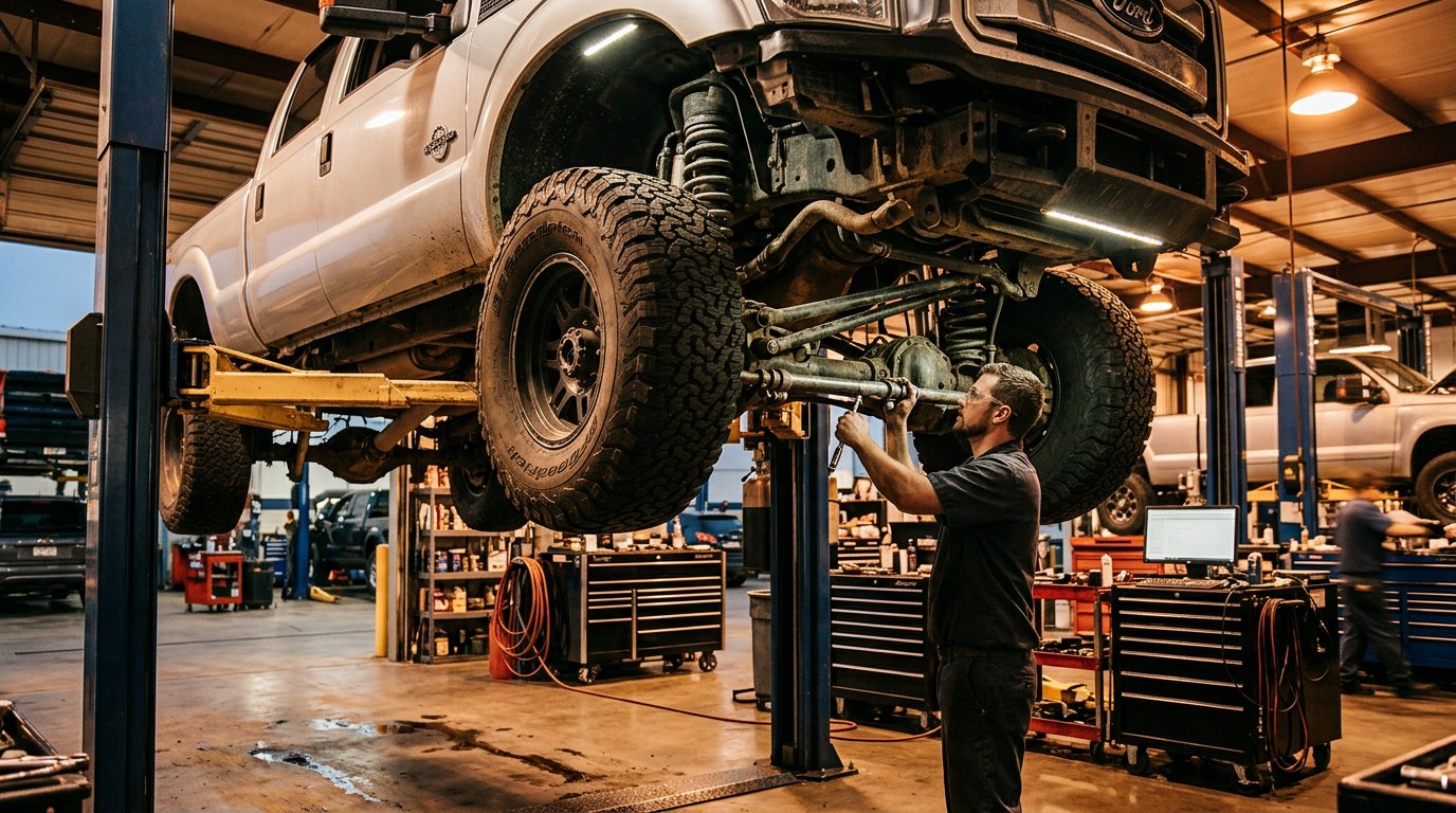 dependable-truck-repair-in-manasquan-nj-for-work-trucks-trailers-and-rvs-that-can-t-afford-downtime-hero A high-end, professional automotive repair shop bay featuring a heavy-duty work truck on a hydraulic lift surrounded