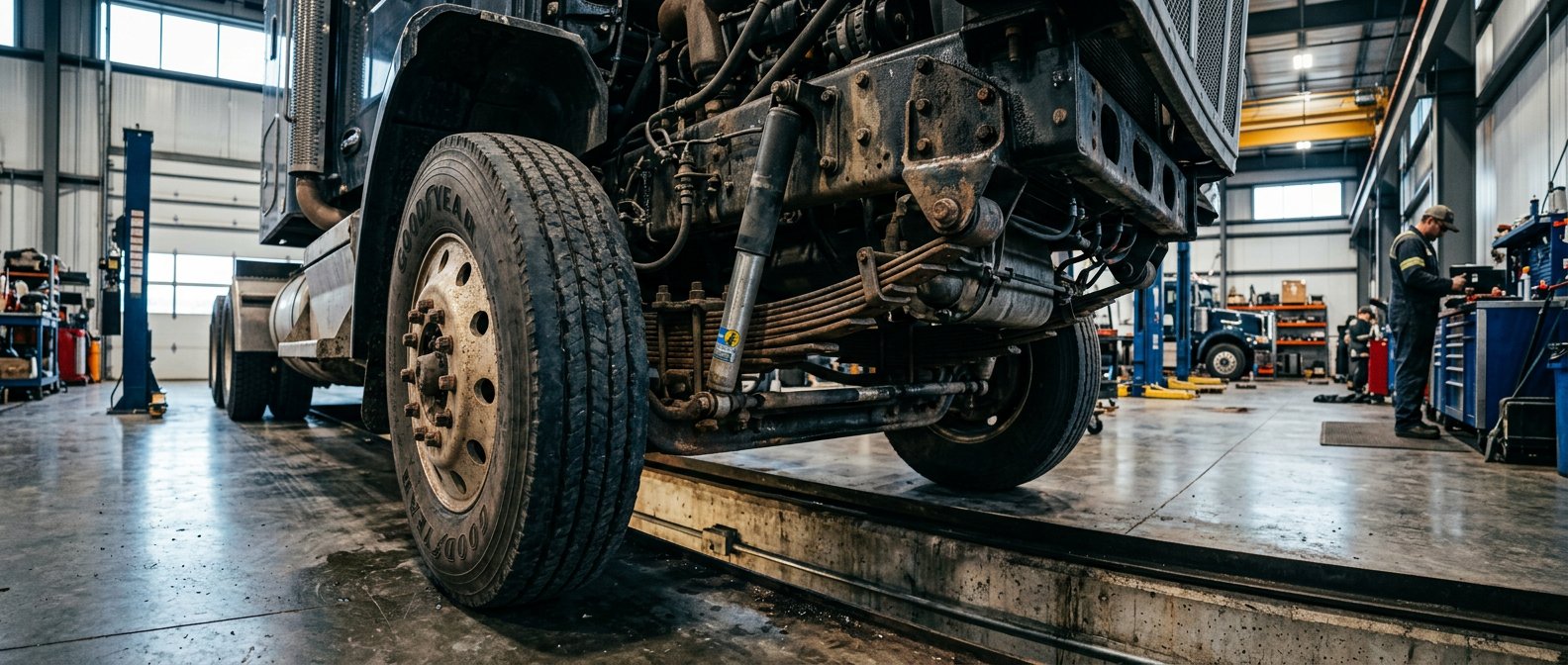 dependable-truck-repair-in-toms-river-nj-for-work-trucks-rvs-and-fleet-vehicles-hero A clean, professional photograph of a heavy-duty truck in a spacious repair shop with polished concrete floors
