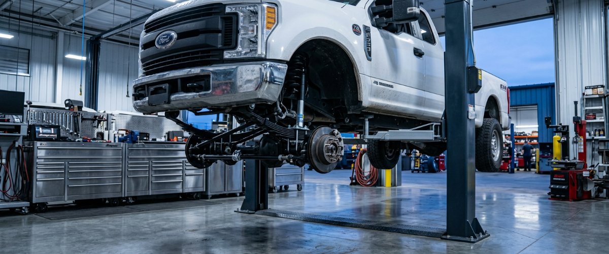 dependable-truck-repair-nj-pros-serving-atlantic-highlands-nj-for-less-downtime-hero A professional heavy-duty truck in a pristine, well-lit garage bay, elevated on a hydraulic lift for suspension repair