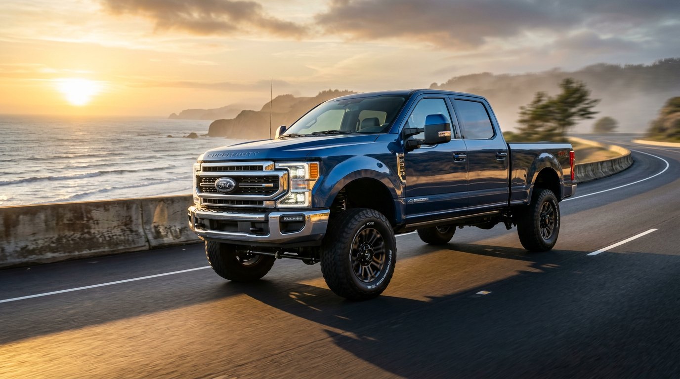 dependable-truck-repair-nj-pros-serving-long-branch-nj-fleets-rvs-and-work-trucks-hero A clean, heavy-duty work truck driving down a wide, empty coastal avenue at golden hour, the sun low and casting long
