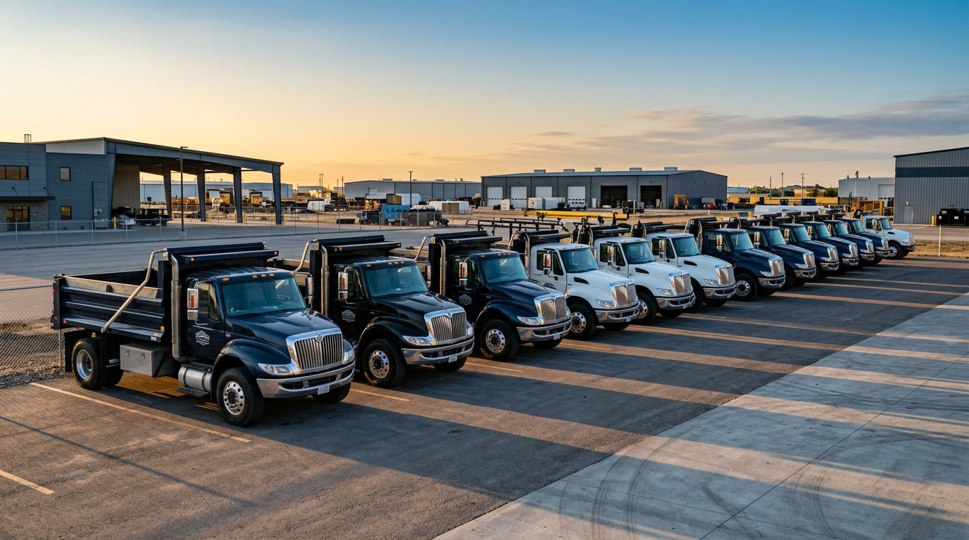 dependable-truck-repair-nj-serving-highlands-nj-drivers-who-can-t-afford-downtime-hero A fleet of clean, heavy-duty work trucks parked in a neat row at dawn in an open lot with a subtle industrial backdrop