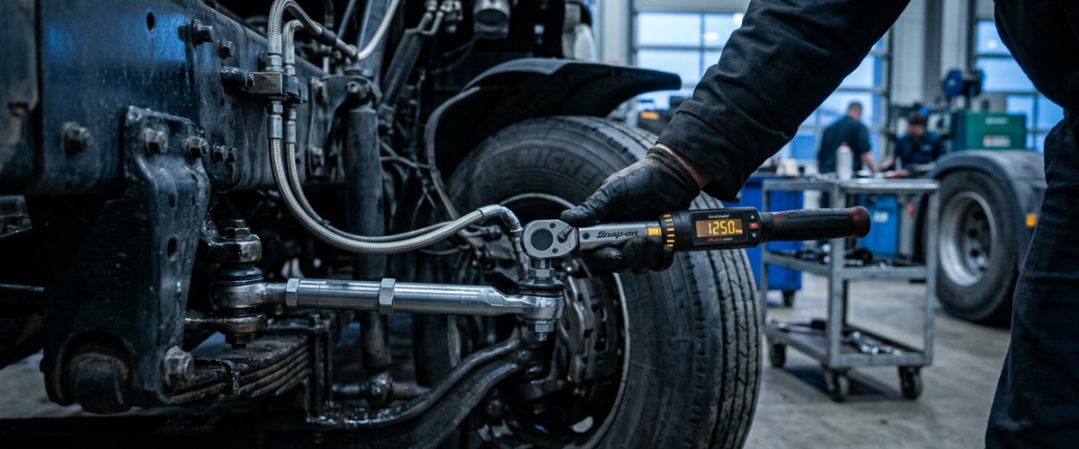 A close-up, cinematic side view of a heavy-duty truck's exposed steering system in a professional repair shop