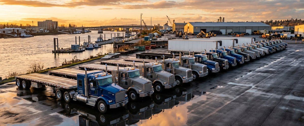 dependable-truck-repair-nj-serving-monmouth-beach-nj-for-work-trucks-rvs-and-trailers-hero A fleet of heavy-duty work trucks and trailers perfectly aligned in an open industrial lot at the edge of a river