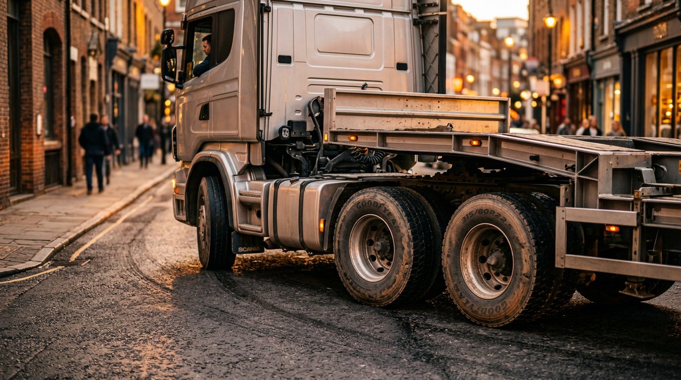 dependable-truck-repair-nj-serving-red-bank-nj-drivers-who-can-t-afford-downtime-hero A heavy-duty commercial truck carefully navigating a narrow urban street under warm golden-hour side-lighting