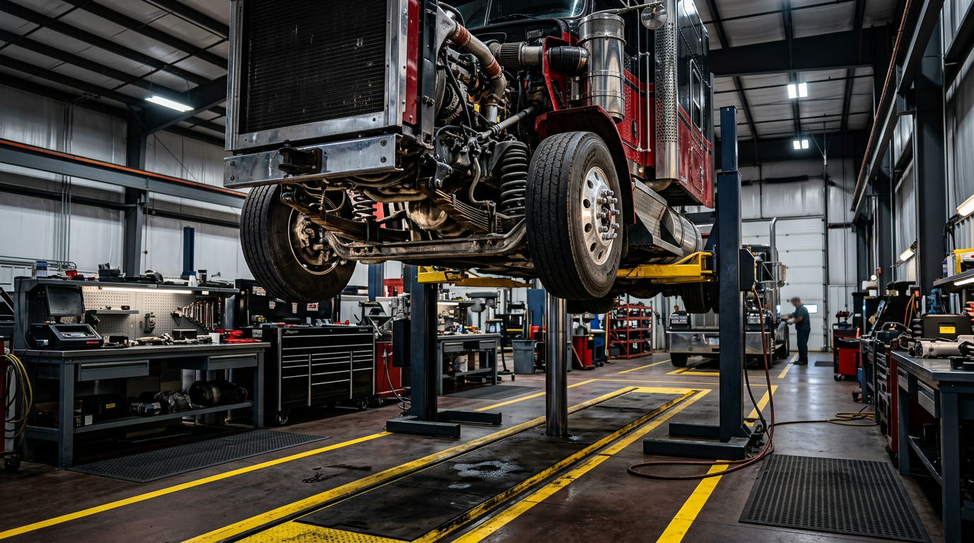 download (1) A clean, professional photograph of a heavy-duty truck in a spacious repair shop with polished concrete floors