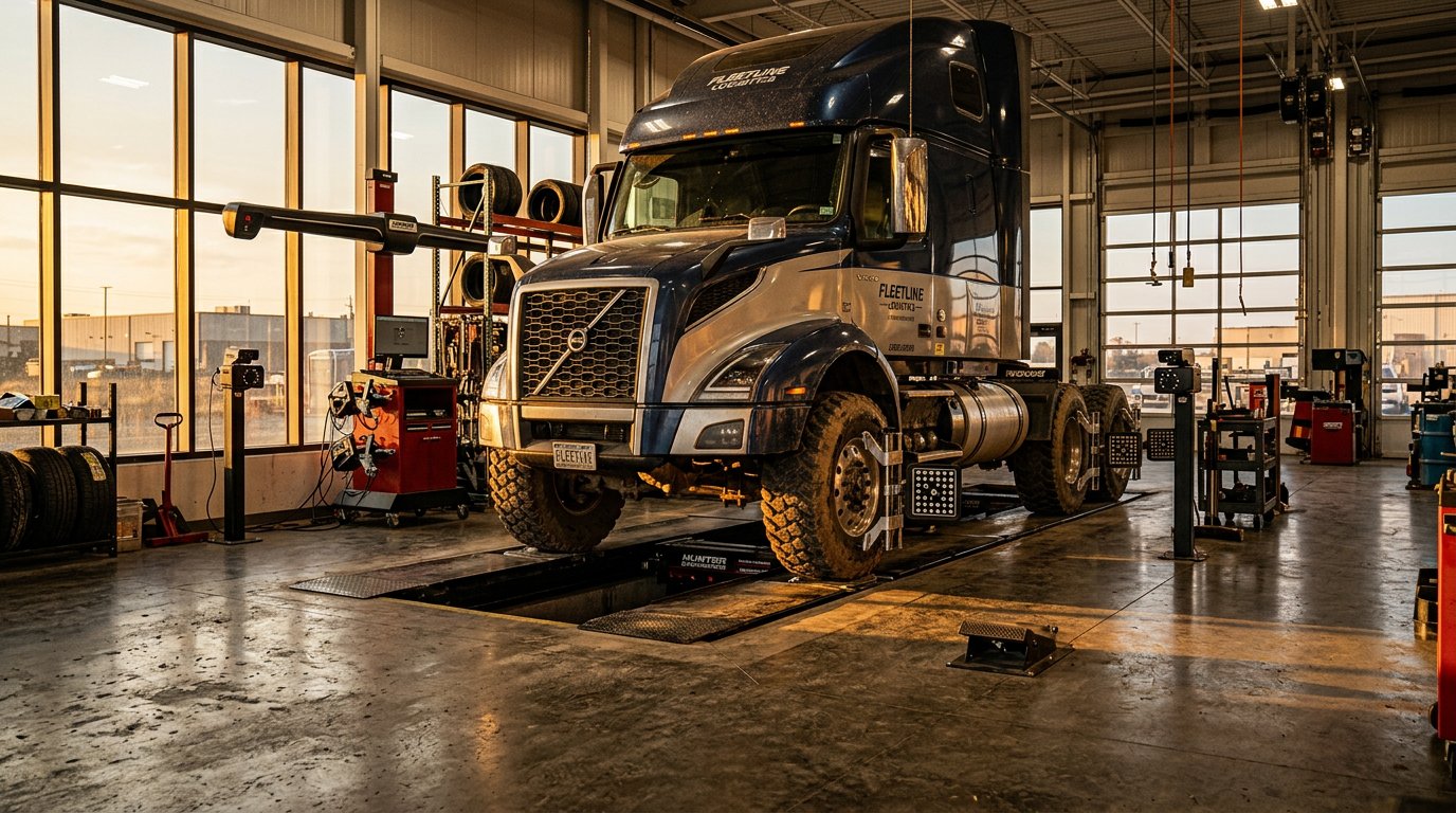 fast-dependable-truck-alignment-services-serving-neptune-township-nj-fleets-and-working-drivers-hero A clean, professional automotive workshop bay lit with warm golden-hour side-lighting filtering through large windows