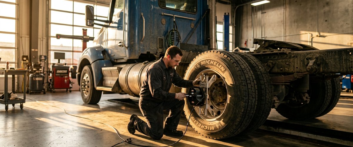 heavy-duty-truck-repair-in-bay-head-nj-for-reliable-workdays-and-worry-free-weekends-hero A heavy-duty truck positioned in a spacious, clean truck repair bay with a technician using advanced alignment equipment