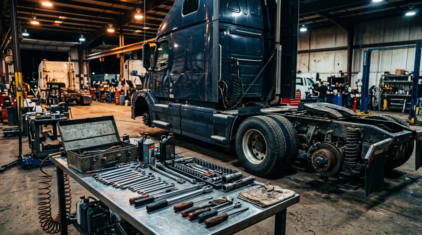 heavy-duty-truck-repair-in-lake-como-nj-for-reliable-workdays-and-weekend-getaways-hero A high-end, cinematic horizontal image of a heavy-duty truck repair garage workspace