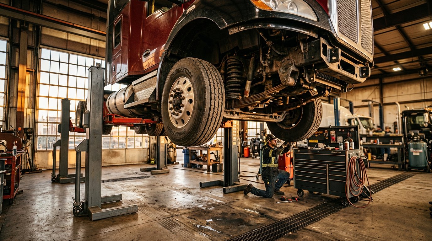 heavy-duty-truck-repair-in-spring-lake-nj-that-keeps-work-trucks-rvs-and-trailers-moving-hero High-resolution horizontal image of a heavy-duty truck repair garage interior
