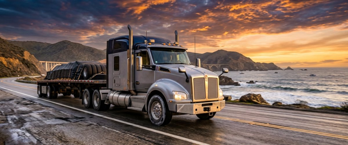 heavy-duty-truck-repair-nj-pros-serving-keyport-nj-fleets-trucks-and-rvs-hero A heavy-duty semi-truck driving on a wide waterfront road under dramatic late afternoon sunlight