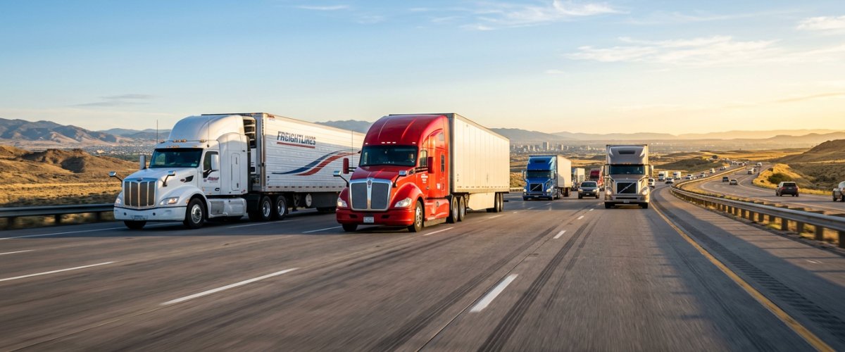 heavy-duty-truck-repair-nj-serving-eatontown-nj-drivers-who-want-to-minimize-downtime-hero Wide-angle, low-angle shot of a busy highway scene featuring multiple heavy-duty trucks driving along a multi-lane roadway