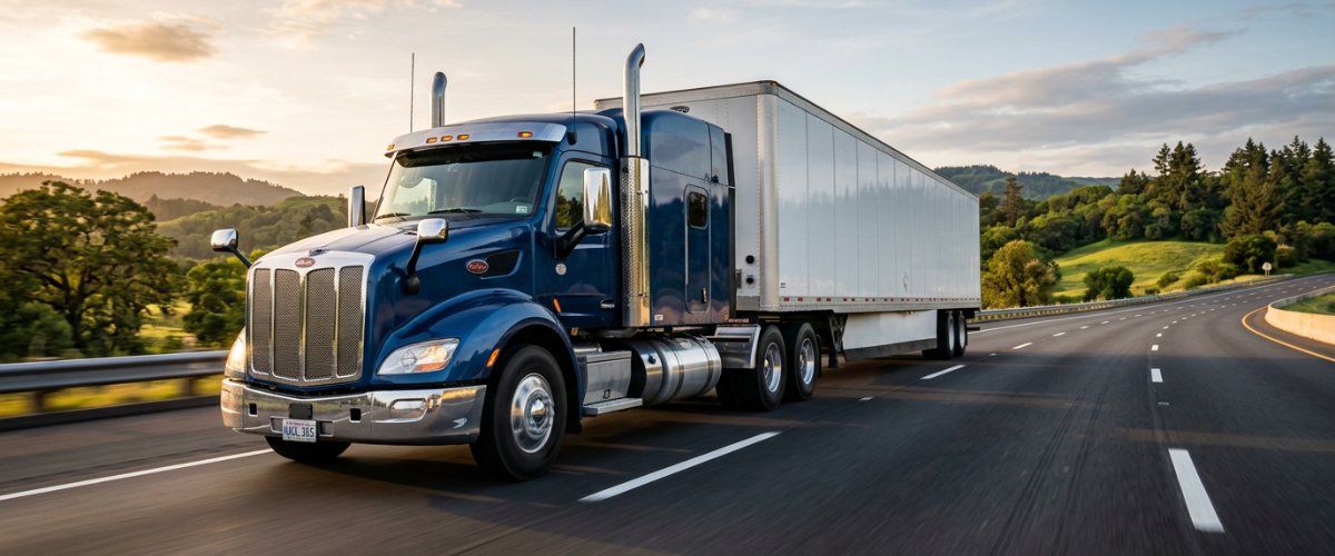 heavy-duty-truck-repair-nj-serving-holmdel-nj-drivers-who-can-t-afford-downtime-hero A powerful commercial heavy-duty semi-truck driving along a wide, smooth highway reminiscent of a major parkway