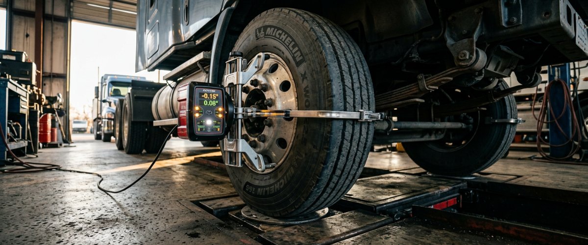 heavy-duty-truck-repair-nj-serving-lavallette-nj-drivers-who-can-t-afford-downtime-hero Close-up of heavy duty truck tire alignment equipment in action beneath a large commercial truck on the ground