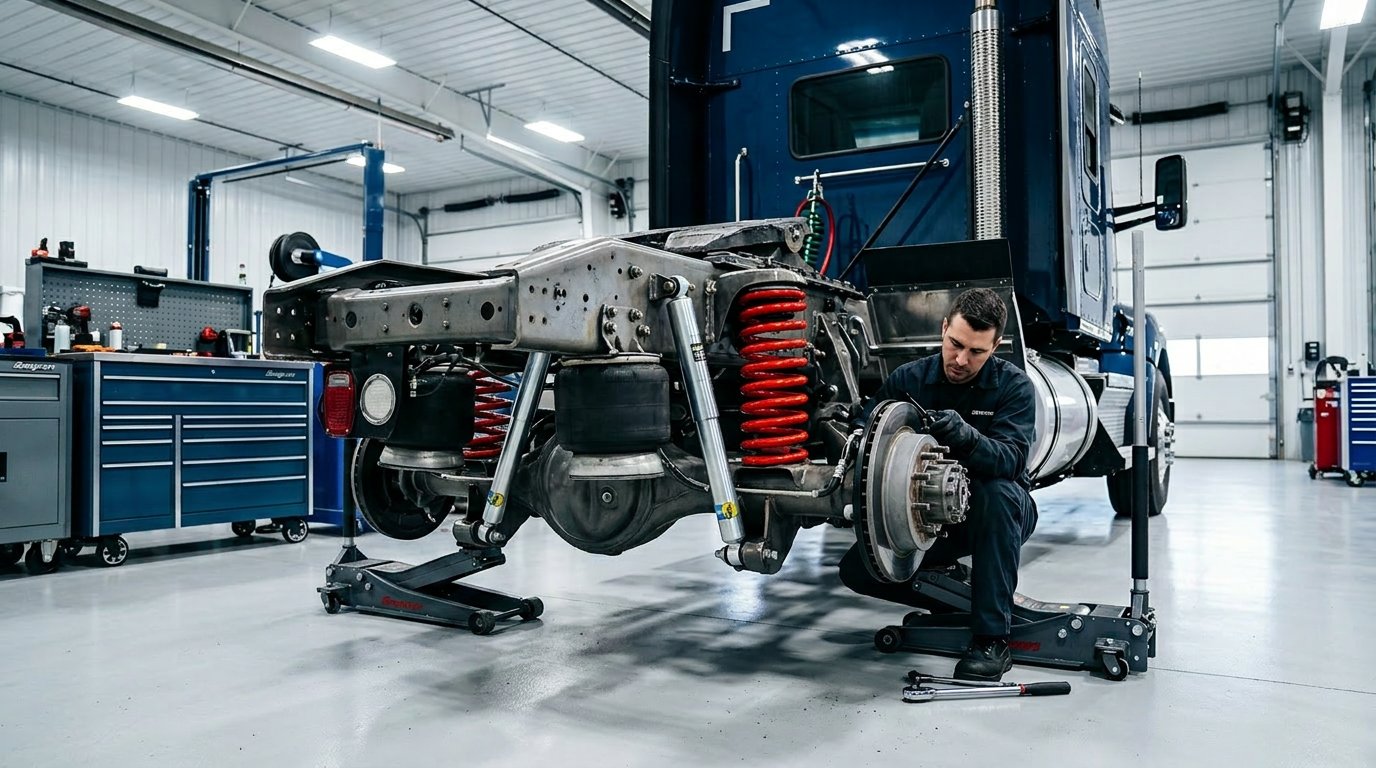 heavy-duty-truck-repair-nj-serving-middletown-nj-drivers-who-need-less-downtime-hero Make sure both sides of the truck are jacked up, currently only the right side is (based on: A heavy duty truck inside