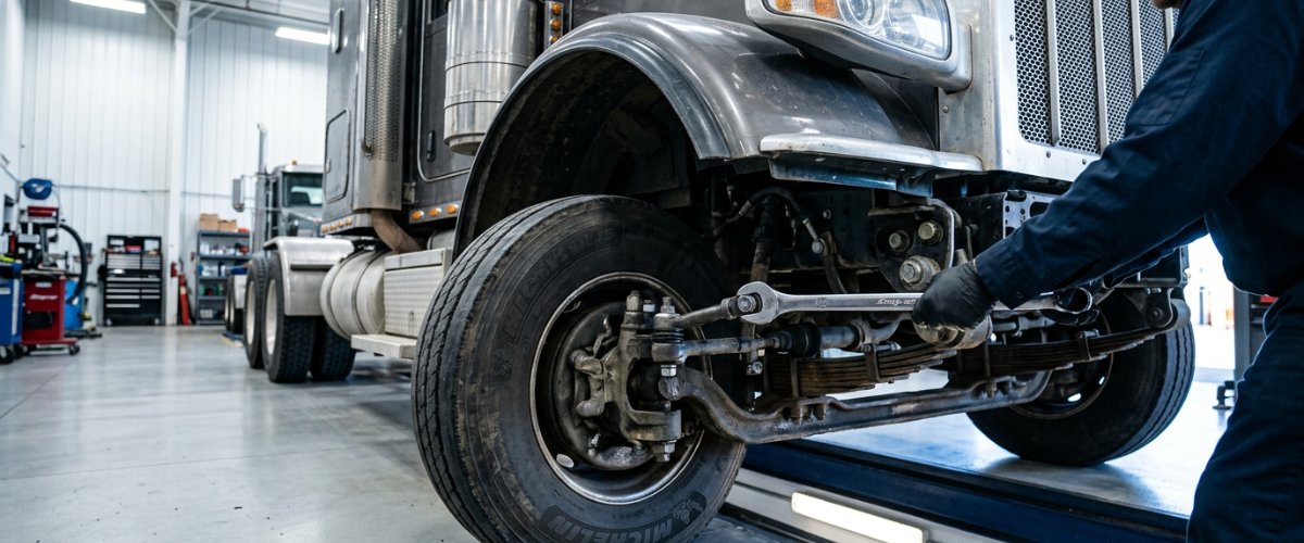 heavy-duty-truck-repair-nj-serving-rumson-nj-drivers-who-can-t-afford-downtime-hero A heavy duty work truck parked in a clean, well-lit professional garage bay