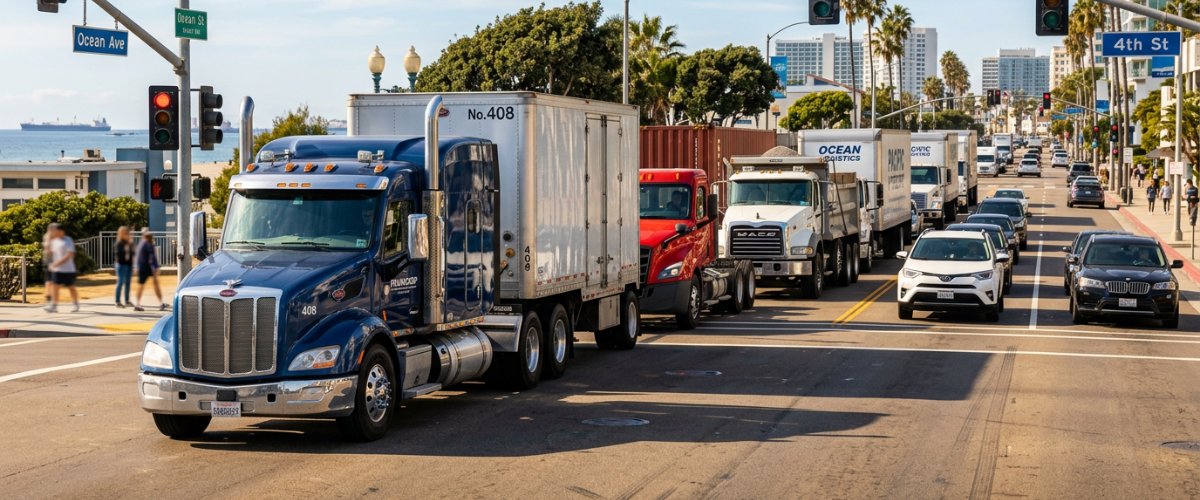 heavy-duty-truck-repair-nj-serving-sea-bright-nj-drivers-who-can-t-afford-downtime-hero A wide, horizontal shot of a busy Ocean Avenue street scene featuring a row of heavy-duty trucks and large commercial