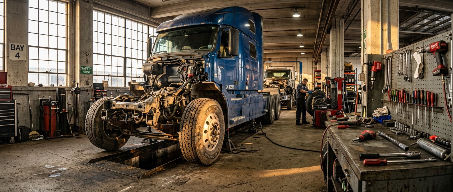 heavy-duty-truck-repair-serving-belmar-nj-to-keep-work-trucks-moving-hero A heavy-duty truck repair garage workspace bathed in warm golden-hour side-lighting through large windows