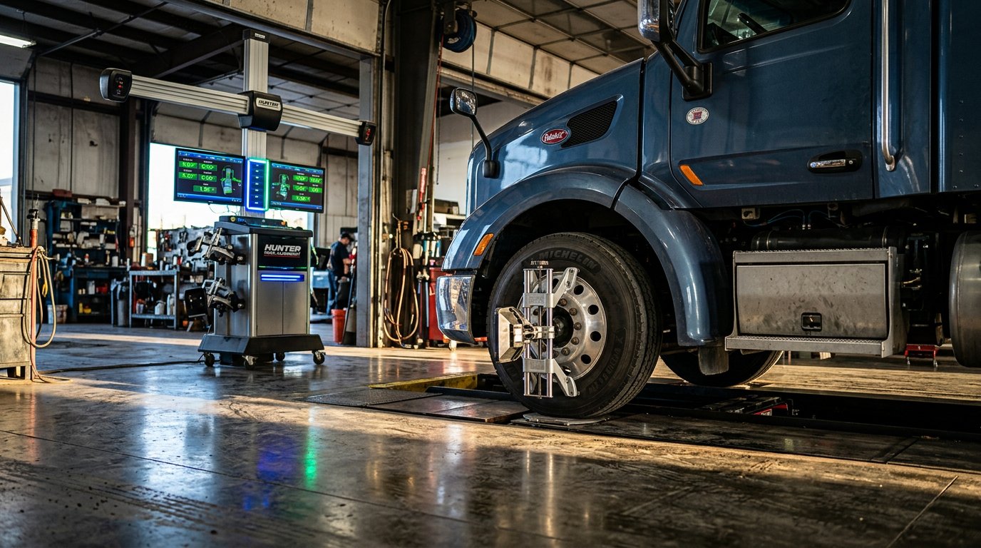 heavy-duty-truck-repair-serving-deal-nj-drivers-who-depend-on-reliable-uptime-hero A heavy-duty truck in a professional repair bay, positioned in front of an advanced truck alignment calibration system