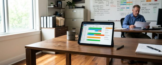 A clean, realistic photograph of a fleet manager's modern office interior