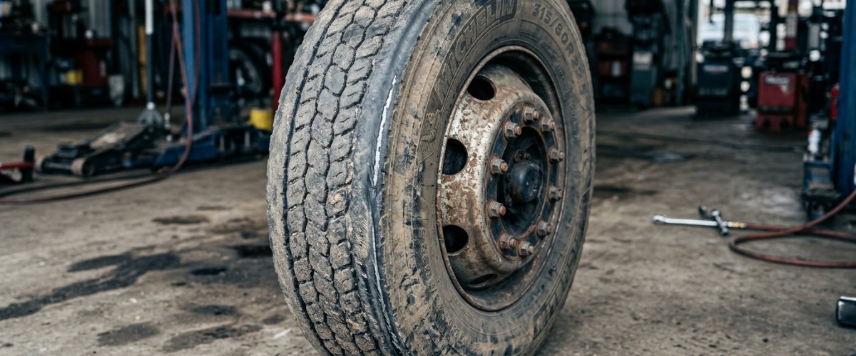 keansburg-nj-heavy-duty-truck-repair-for-shore-ready-work-trucks-fleets-and-rvs-hero Close-up, low-angle shot of a heavy duty truck tire mounted on a rugged steel wheel
