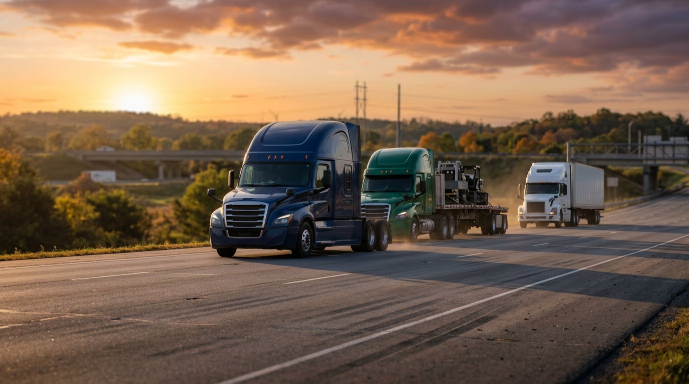 need-fast-vehicle-repairs-in-farmingdale-nj-discover-our-trusted-truck-and-rv-services-today-hero A wide, cinematic roadside scene featuring several heavy-duty trucks driving smoothly on a busy local highway under dramatic