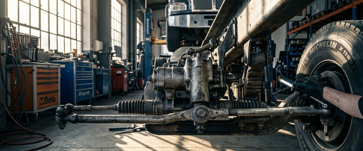 A high-resolution, cinematic horizontal image of a heavy-duty truck steering system under inspection in a professional