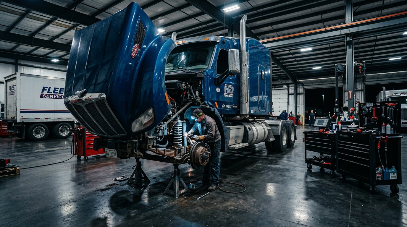 Wide-angle cinematic shot inside a professional heavy-duty truck repair shop showcasing a large semi-truck undergoing