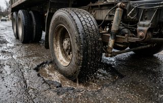 A high-resolution, clean, realistic photograph of a heavy-duty commercial truck tire driving directly over a deep pothole