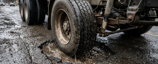 A high-resolution, clean, realistic photograph of a heavy-duty commercial truck tire driving directly over a deep pothole