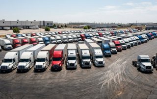 A high-resolution, clean, realistic photograph showcasing a large fleet of commercial trucks lined up neatly