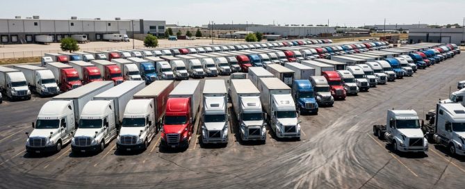 A high-resolution, clean, realistic photograph showcasing a large fleet of commercial trucks lined up neatly