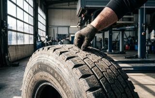 Close-up of a mechanic's gloved hands inspecting the deep tread grooves of a heavy-duty truck tire in an industrial garage