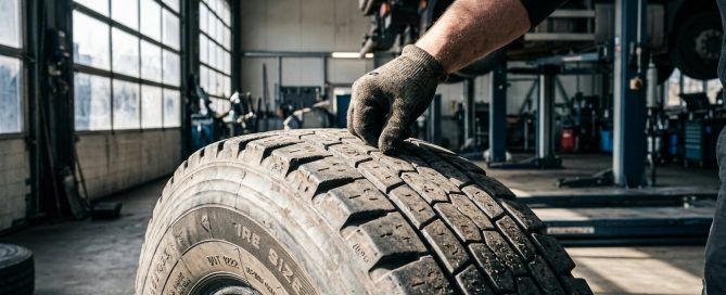 Close-up of a mechanic's gloved hands inspecting the deep tread grooves of a heavy-duty truck tire in an industrial garage