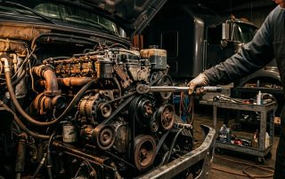Stylized dramatic image of a commercial semi-truck engine bay mid-maintenance in a dimly lit service bay with dramatic
