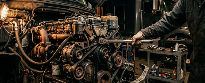 Stylized dramatic image of a commercial semi-truck engine bay mid-maintenance in a dimly lit service bay with dramatic