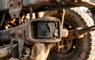 Stylized close-up image emphasizing the outcome of worn truck suspension components: a cracked and weathered rubber bushing