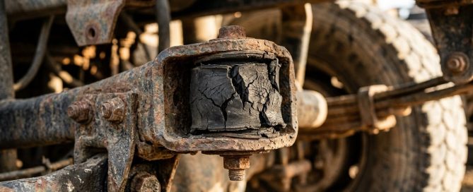 Stylized close-up image emphasizing the outcome of worn truck suspension components: a cracked and weathered rubber bushing